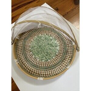 Capiz Shell Natural Seagrass Basket Hand Woven Tray Anti Bug Food Mesh Cover 18"